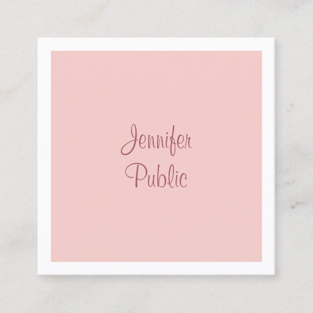 Elegant Calligraphy Script Modern Blush Pink Square Business Card (Front)