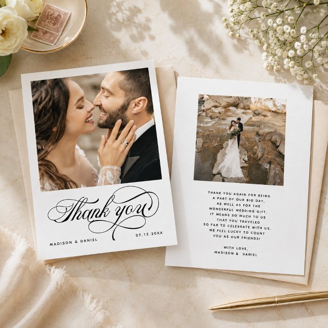 Elegant Calligraphy Script Photo Chic Wedding Thank You Card (Creator Uploaded)