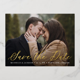 Elegant Calligraphy Script Photo Save the Date Foil Invitation Postcard