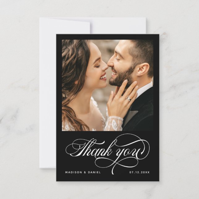 Elegant Calligraphy Script Photo Wedding Black  Thank You Card (Front)