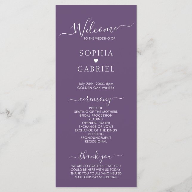 Elegant Calligraphy Script Purple Wedding Ceremony Program (Front)