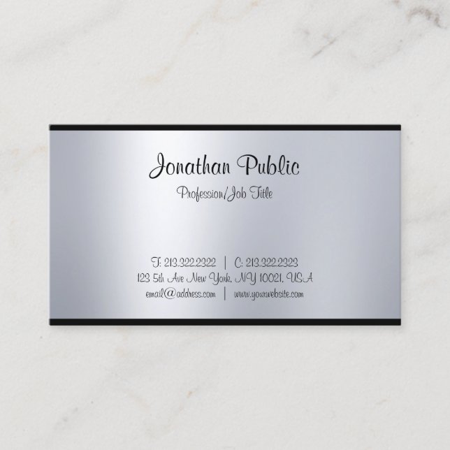 Elegant Calligraphy Script Silver Plain Modern Top Business Card (Front)