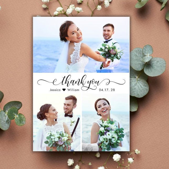 Elegant Calligraphy Script Wedding 3 Photo Collage Thank You Card (Creator Uploaded)
