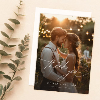 Elegant Calligraphy Script Wedding Photo Thank You Card