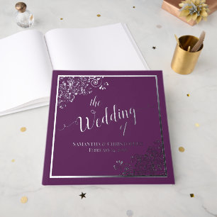 Elegant Calligraphy Silver Foil on Purple Wedding Guest Book