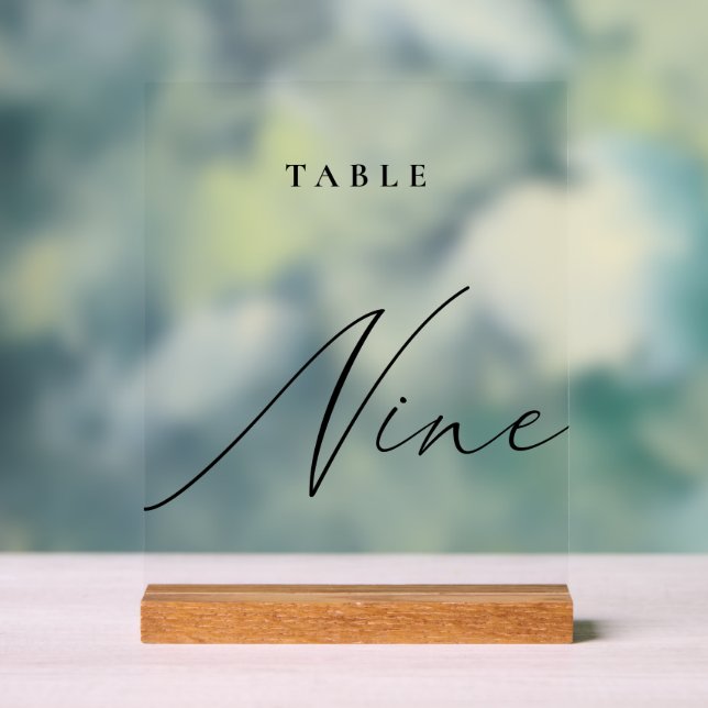 Elegant Calligraphy Table Number Nine Acrylic Sign (Neutral)