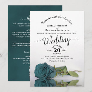 Elegant Calligraphy Teal Rose QR Code Wedding Invitation
