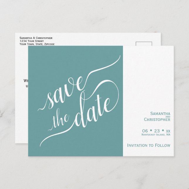 Elegant Calligraphy Teal Wedding Save the Date Announcement Postcard (Front/Back)