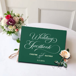 Elegant Calligraphy Teal Wedding Silver  Guest Book