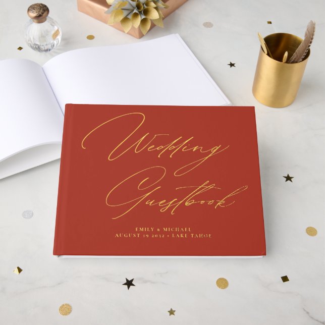 Elegant Calligraphy Terracotta Gold Foil Wedding  Guest Book (Front Open)