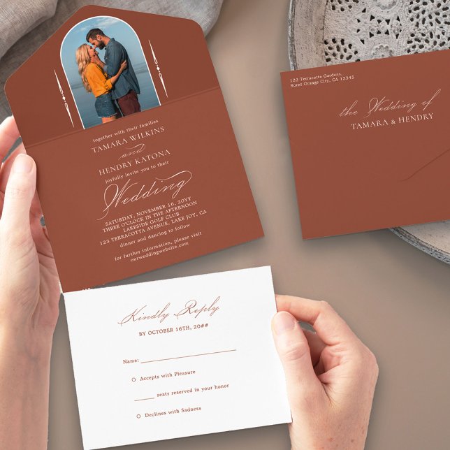 Elegant Calligraphy Terracotta Photo RSVP Wedding All In One Invitation (Creator Uploaded)