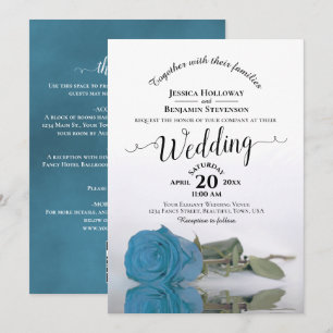 Elegant Calligraphy Turquoise Rose QR Code Wedding Invitation