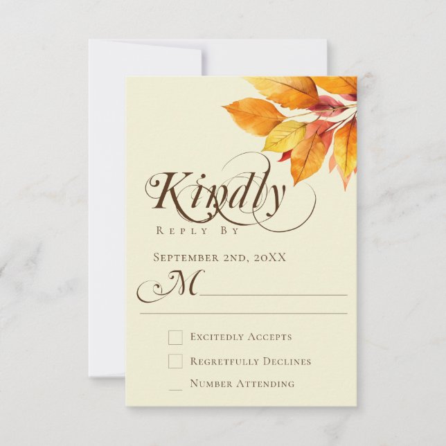 Elegant Calligraphy Watercolor Fall Leaves Wedding RSVP Card (Front)