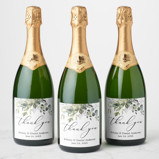 Elegant Calligraphy Watercolor Greenery Wedding Sparkling Wine Label (Bottles)