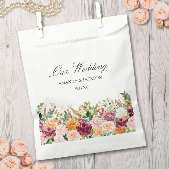 Elegant Calligraphy Watercolor Rose Flower Wedding Favour Bag (In situ)