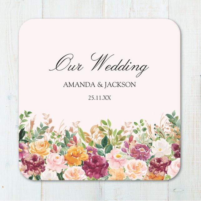Elegant Calligraphy Watercolor Rose Flower Wedding Square Paper Coaster (Close up)