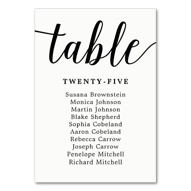 Elegant Calligraphy Wedding Guest Seating Chart Table Number (Front)