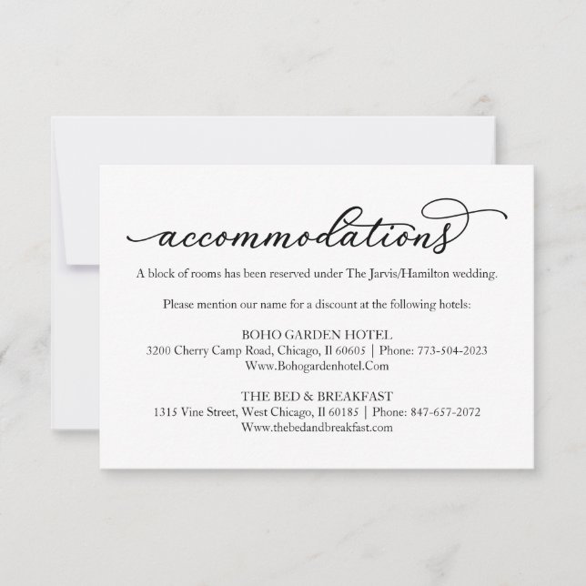 Elegant Calligraphy Wedding Hotel Accommodations RSVP Card (Front)