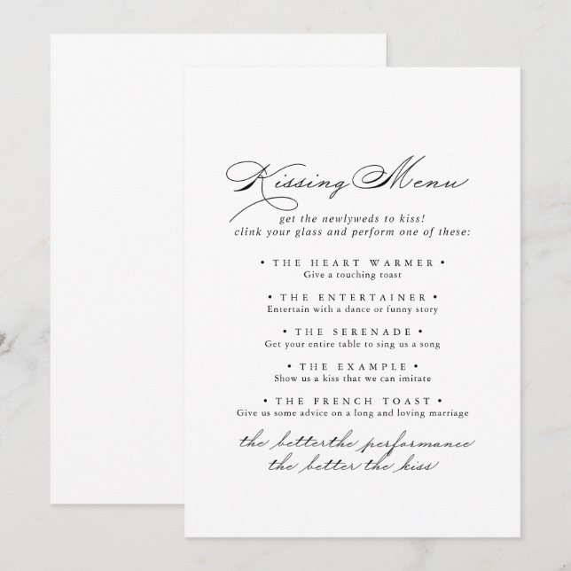 Elegant Calligraphy Wedding Kissing Menu Game Card (Front/Back)