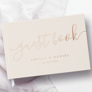 Elegant calligraphy wedding light tan brown real guest book