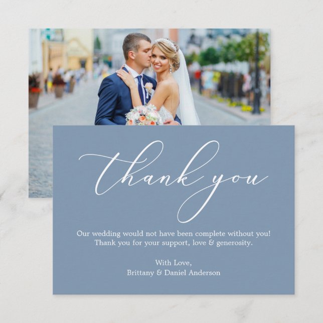 Elegant Calligraphy Wedding Photo Dusty Blue Thank You Card (Front/Back)