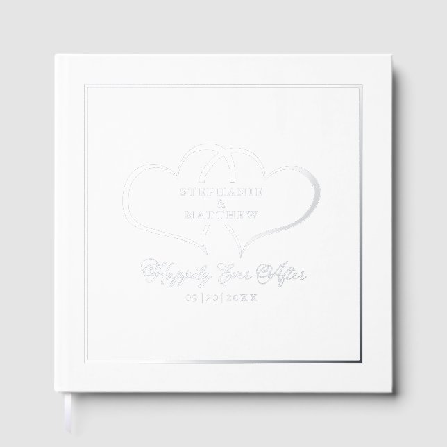 Elegant Calligraphy Wedding Photo Hearts Silver Guest Book (Front)