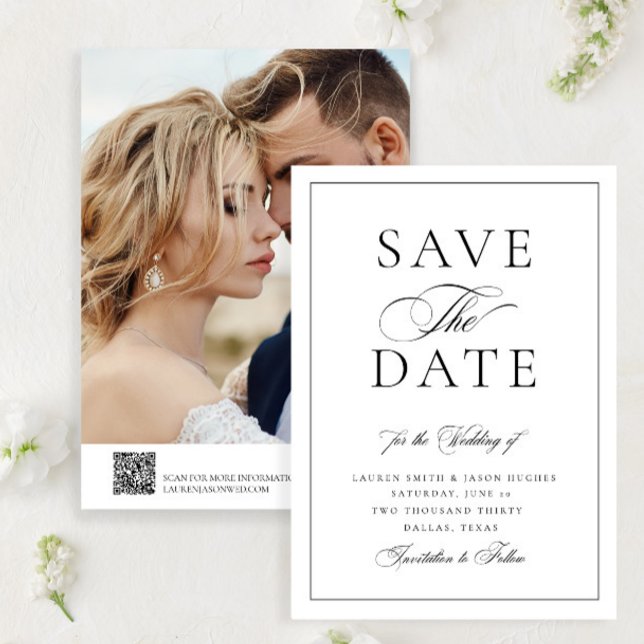 Elegant Calligraphy Wedding Photo QR Code Wedding Save The Date (Creator Uploaded)
