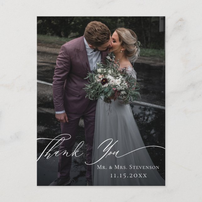 Elegant Calligraphy Wedding Photo Thank You Postcard (Front)