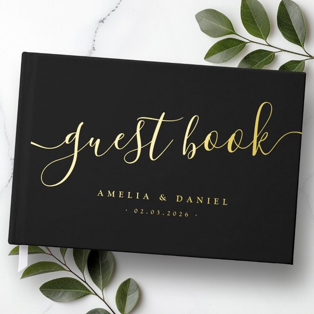 Elegant calligraphy wedding real foil black guest book (Elegant calligraphy wedding real foil black guest book)