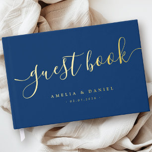 Elegant calligraphy wedding real foil dark blue guest book