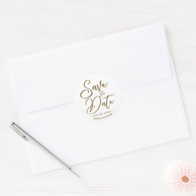 Elegant Calligraphy Wedding Save The Date Gold Classic Round Sticker (Envelope)