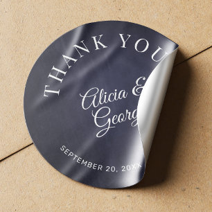 Elegant calligraphy wedding thank you navy classic round sticker