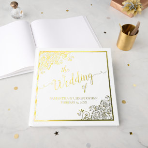 Elegant Calligraphy White & Gold Foil Wedding Guest Book