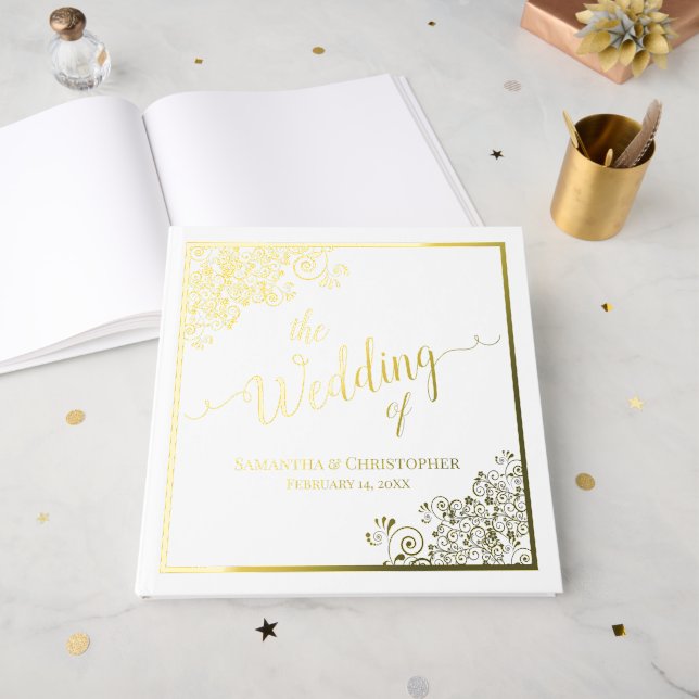 Elegant Calligraphy White & Gold Foil Wedding Guest Book (Front Open)
