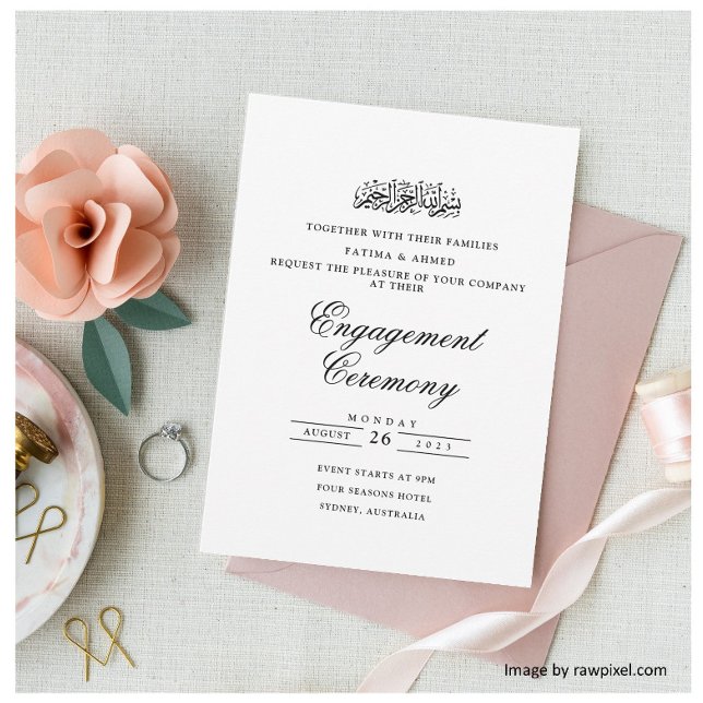 Elegant Calligraphy White Muslim Engagement Party Invitation (Creator Uploaded)