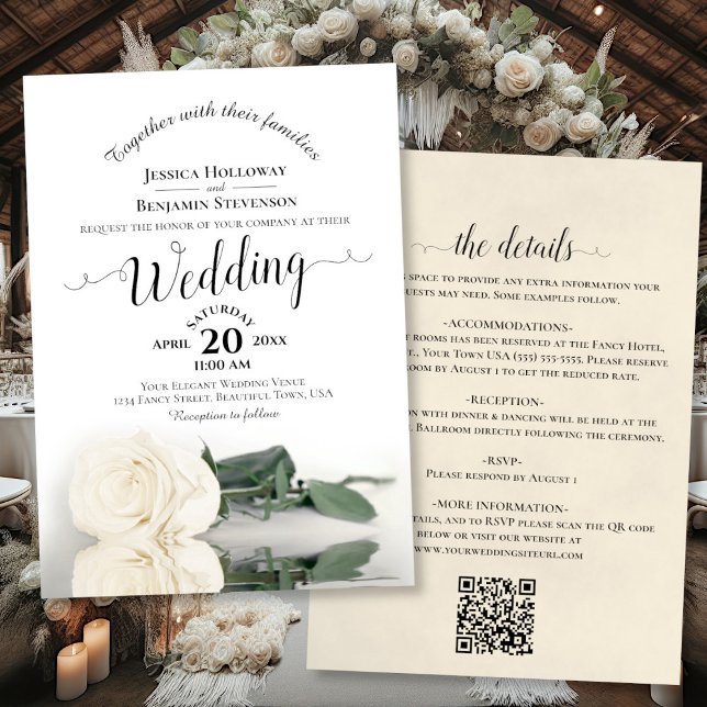 Elegant Calligraphy White Rose QR Code Wedding Invitation (Front/Back)