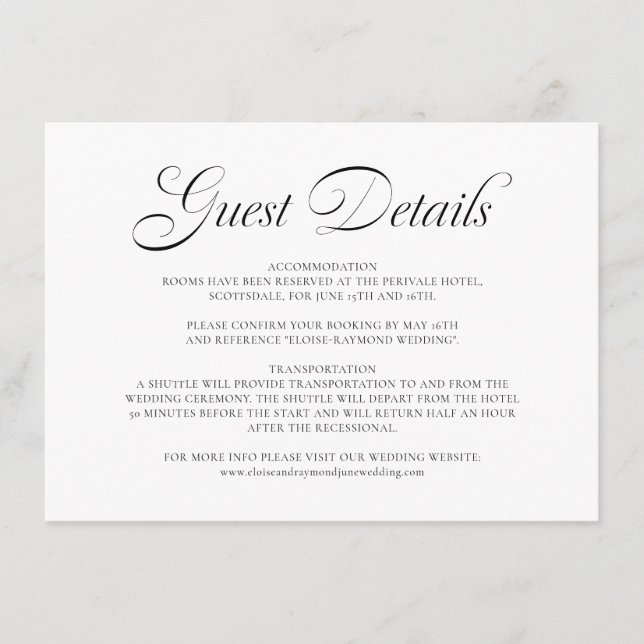 Elegant Calligraphy White Wedding Guest Details Enclosure Card (Front)