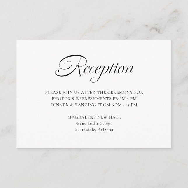 Elegant Calligraphy White Wedding Reception Enclosure Card (Front)
