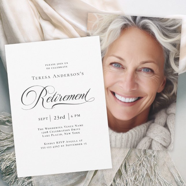 Elegant Calligraphy with Photo Retirement Party Invitation (Available as printed and paperless digital download!)