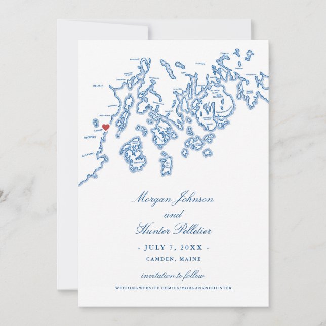Elegant Camden Maine Map Wedding Save The Date (Front)