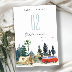 Elegant Camping Watercolor Pine Forest Wedding Table Number