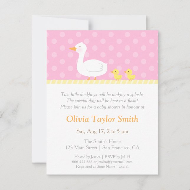 Elégant Canard Twin Girls Baby Shower Invitations (Devant)