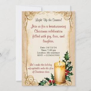 Elegant Candle and Holly Christmas Invitation