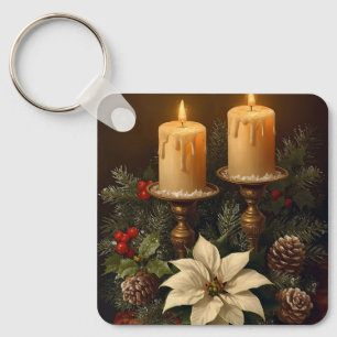 Elegant candle Christmas holly pine warm festive Keychain
