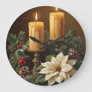 Elegant candle Christmas holly pine warm festive Large Clock