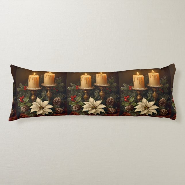 Elegant candle holly pine warm festive Christmas Body Pillow (Front)
