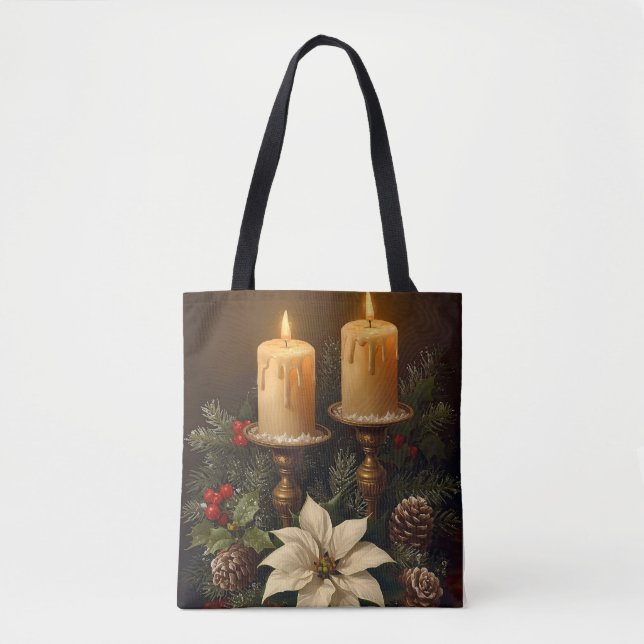 Elegant candle holly pine warm festive christmas tote bag (Front)