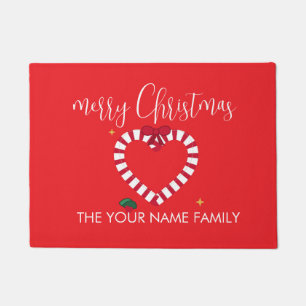 Elegant Candy Cane Heart Custom Family Christmas Doormat