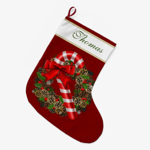 Elegant Candy Cane Red Ribbon Custom Monogram Large Christmas Stocking