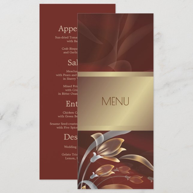 Elégant Caoba Floral | Cartes de menu Gold (Devant / Derrière)